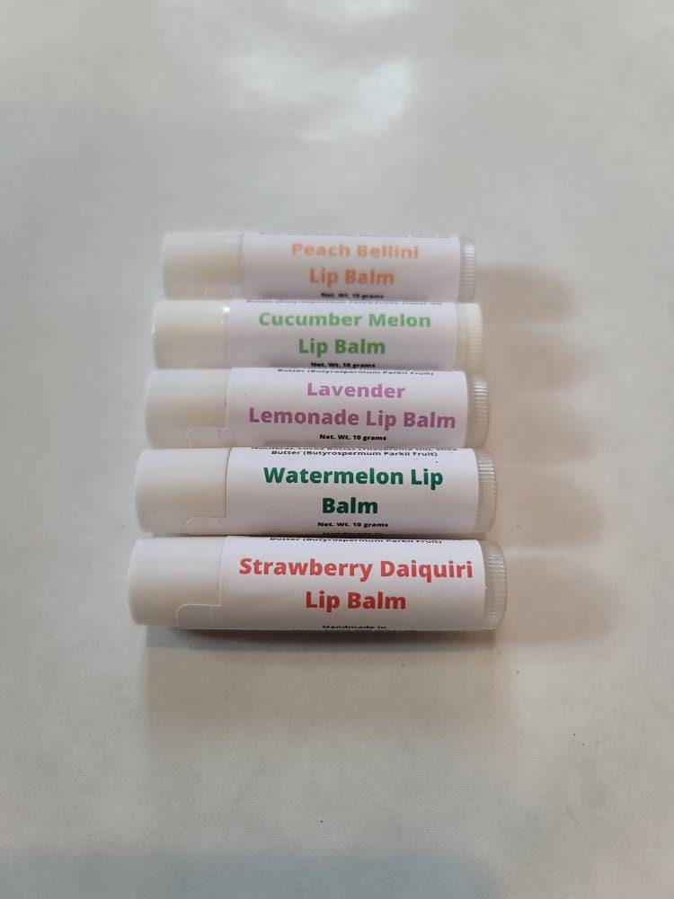 Lip balm, Lavender, Strawberry, Cucumber melon, Peach, Watermelon, Gift, Lavender lemonade, all natural, handmade, Peach Bellini